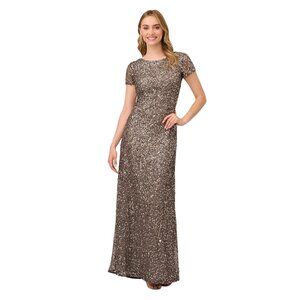 Adrianna Papell Short Sleeve Sequin Mesh Gown, Silver, Size 2